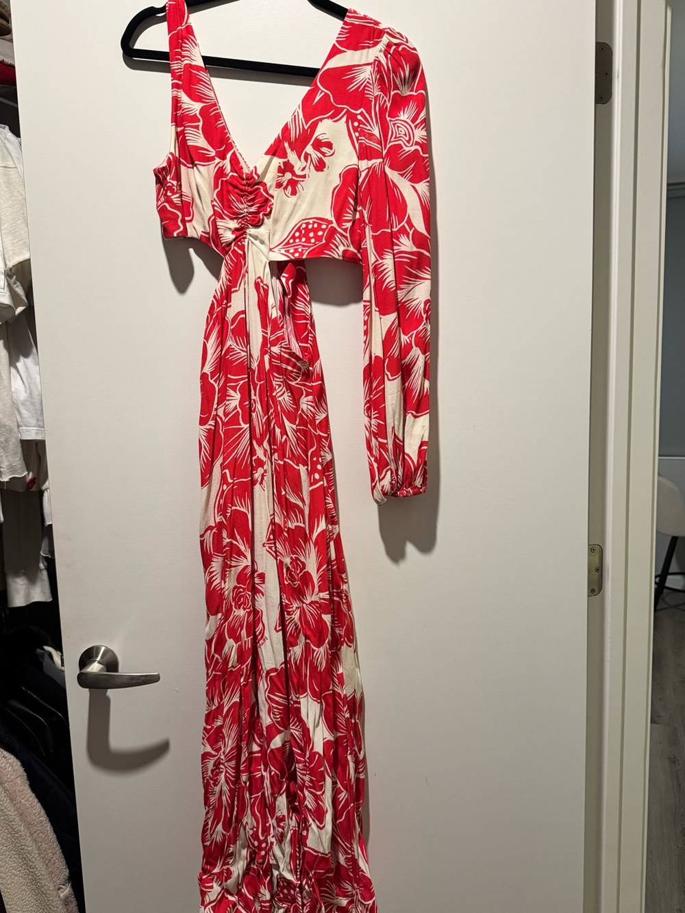 Anthropologie Red and Cream Floral One-Sleeve Maxi dress